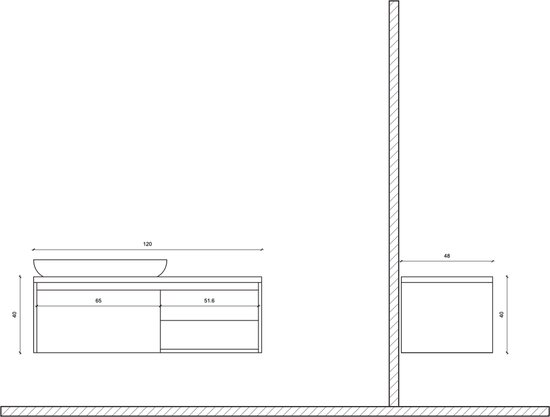 Technische tekening van een wastafelonderkast van 120 cm met afmetingen.