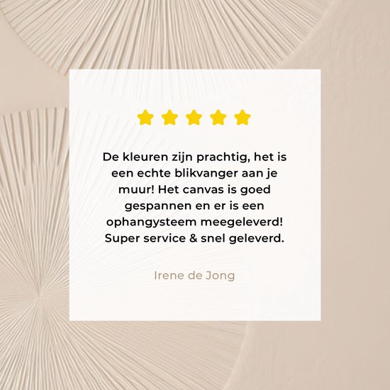 Klantrecensie voor beige canvas: "Prachtige kleuren, echte blikvanger. Goed gespannen, inclusief ophangsysteem. Super service & snel geleverd." - Irene de Jong