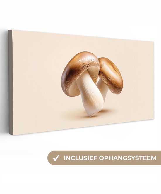 Twee bruine kastanjechampignons met beige stelen op een zacht beige achtergrond. Inclusief ophangsysteem.