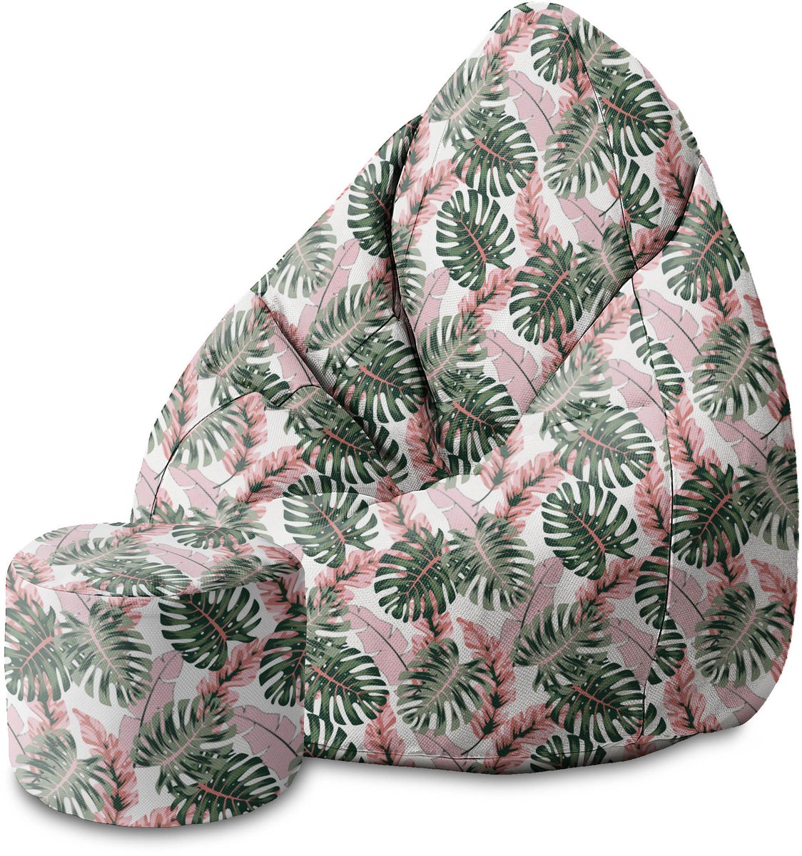 DreamRoots Velvet Zitzak voor Volwassenen – Luxe Beanbag met Voetsteun en Afneembare Hoes – Inclusief Vulling – 80x80x120 cm - Tropical Pink and Green Leaves