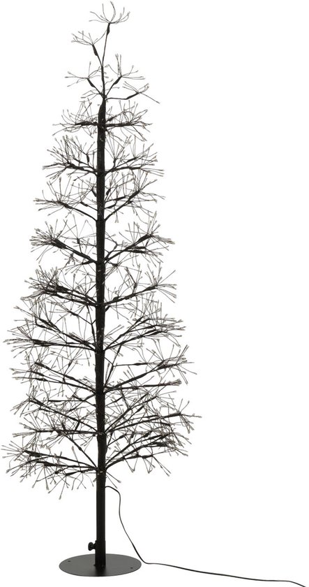 Arbre décoratif noir aux branches fines, orné de petites lumières LED blanc chaud, sur un pied rond noir.