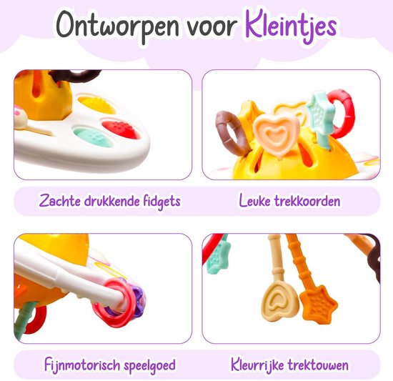 Close-up van UFO-babyspeeltje: zachte drukknoppen, touwtjes, sterren en hartjes.