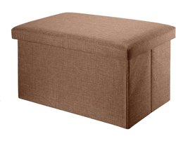 Folding sofa 49x30x30cm in Brown - Fabric Seat Cube with Storage Space and Lid in Linen Look - Footrest Foldable Storage Box Stool