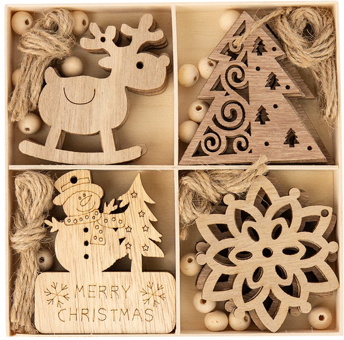 Houten kerstversieringen - Kerstboomdecoratie - Houtkleur - Stijl 2