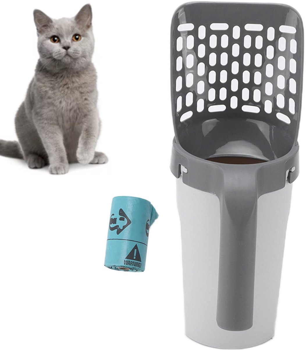Ynkkvre - 2-in-1 Kattenbakschep met Opvangzakken - Hygienisch Ontwerp - Met Geurneutraliserende Zakjes