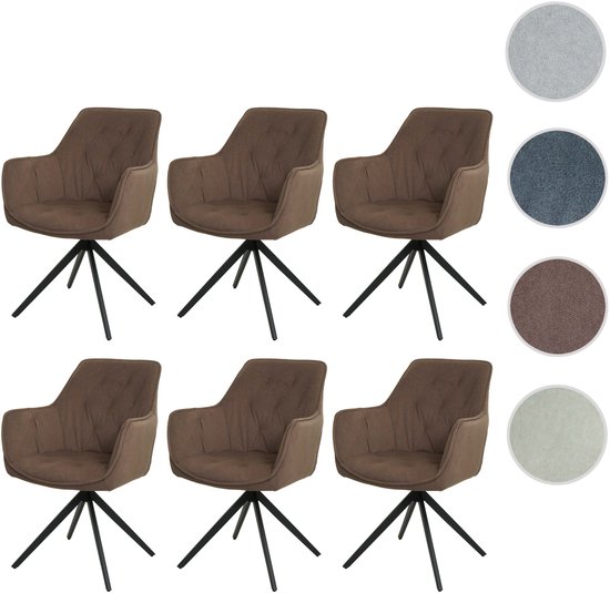 Set de 6 chaises de salle à manger MCW-L80, chaise de cuisine rembourrée avec accoudoirs, pivotante, métal tissu/textile ~ marron