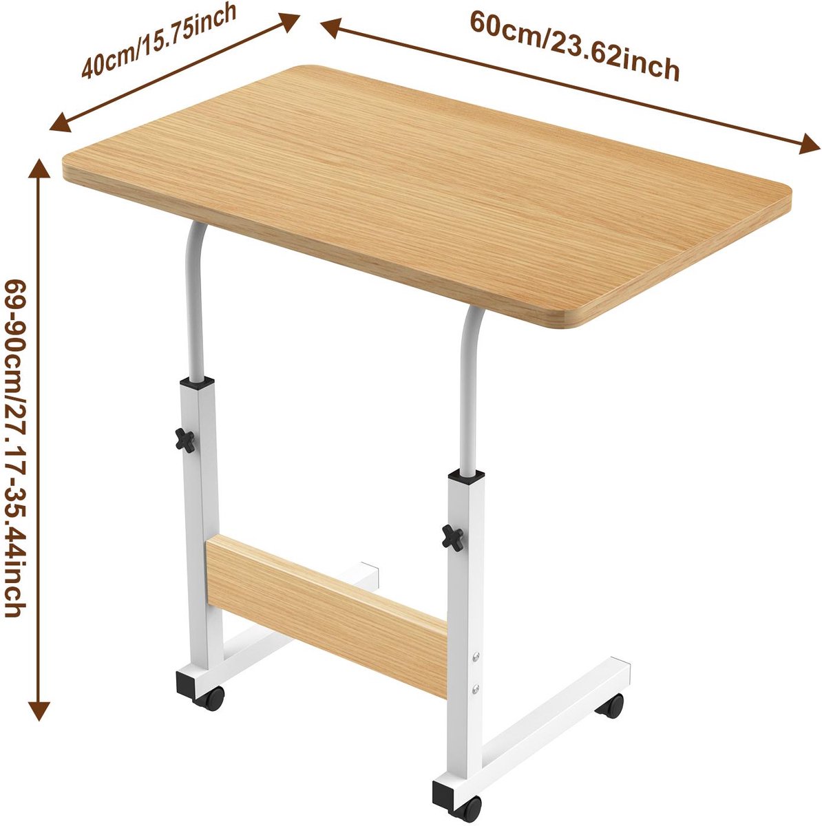 PIPIPOXER-Mobiele laptoptafel, statafel, computertafel, bijzettafel, roltafel, werktafel voor kantoor, bed, bank, 60 x 40 x 69-90 cm, in hoogte verstelbaar,houtkleur