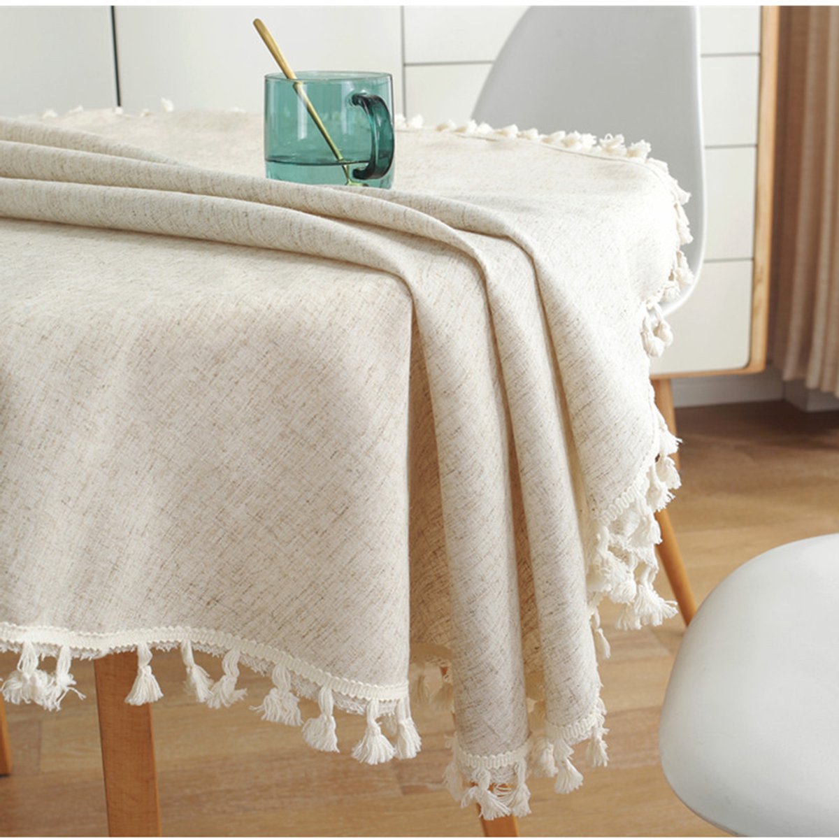Rond linnen tafelkleed - Kreukvrij en stofwerend - Kwasten - Beige - 150cm