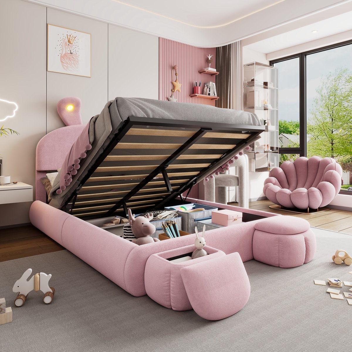 HAUSS SPOLE Kinderbed - 140x200 - Gestoffeerd Bed Met Opbergruimte En 2 Opbergpoefjes - Fluweel - Roze