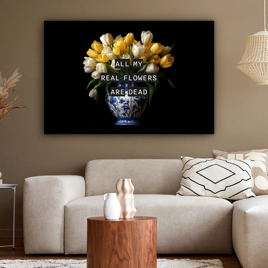 Peinture sur toile 120x80 cm - Décoration murale Citations - Bloem - Tulipe - Jaune - Décoration murale murale salon - Décoration chambre - Accessoires de chambre - Peintures sur toile