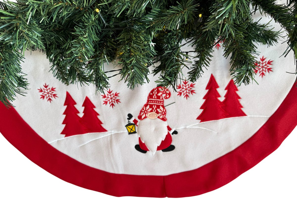 HEM Kerstboomrok Ø90 cm – Wit/Rood – Met Gnoom-opdruk – Fleece Boomkleed – Christmas Tree Skirt – Kerstdecoratie Rondom Kerstboom