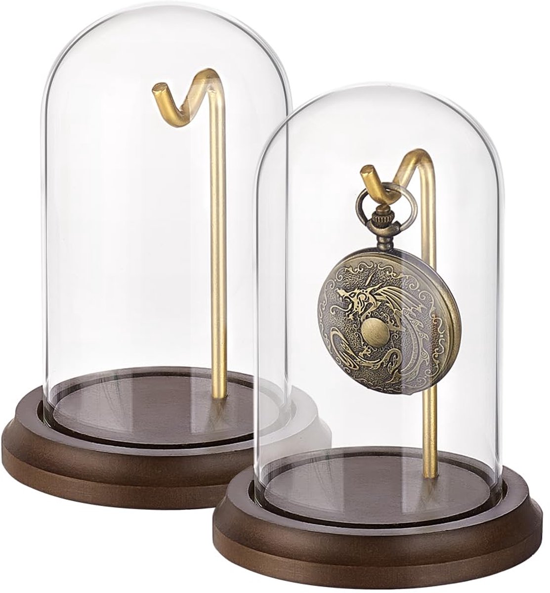 2pcs 4x5 inch pocket watch display dome cloche with metal hook decorative watch display jar with wooden base glass display dome display case for pocket watch medals collectibles