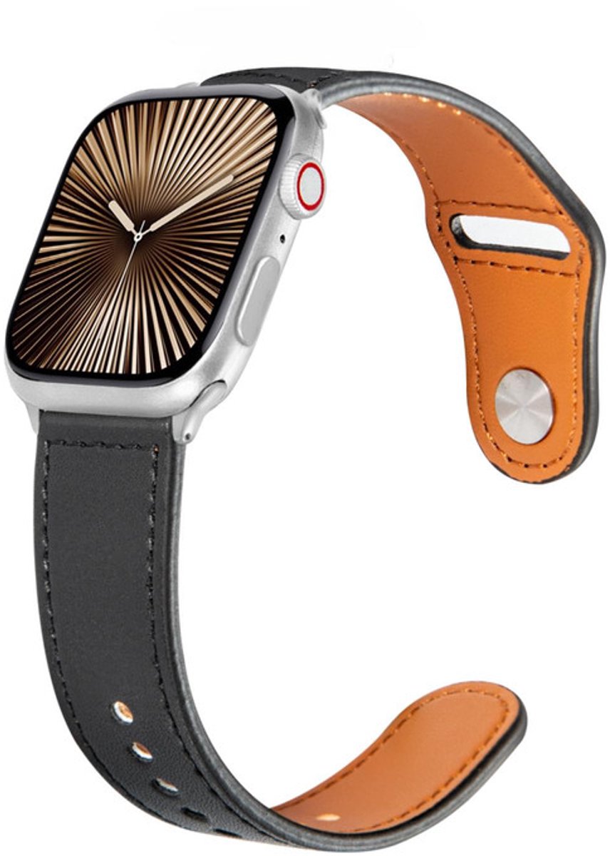 Leren bandje - geschikt voor Apple Watch 1/2/3/4/5/6/7/8/9/10/11/ SE (1,2,3) met maat 38 mm / 40 mm / 41 mm en 42 mm (Watch 10/11) - leer met druksluiting - zwart
