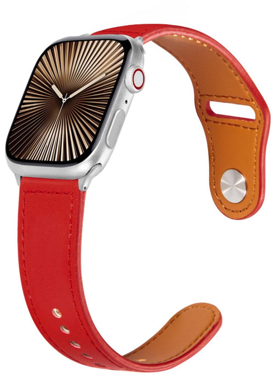 Leren bandje - geschikt voor Apple Watch series 1/2/3/4/5/6/7/8/9/10/11/ SE (1,2,3) / Ultra (1,2,3) met maat 44 mm / 45 mm / 46 mm / 49 mm - leer met druksluiting - rood