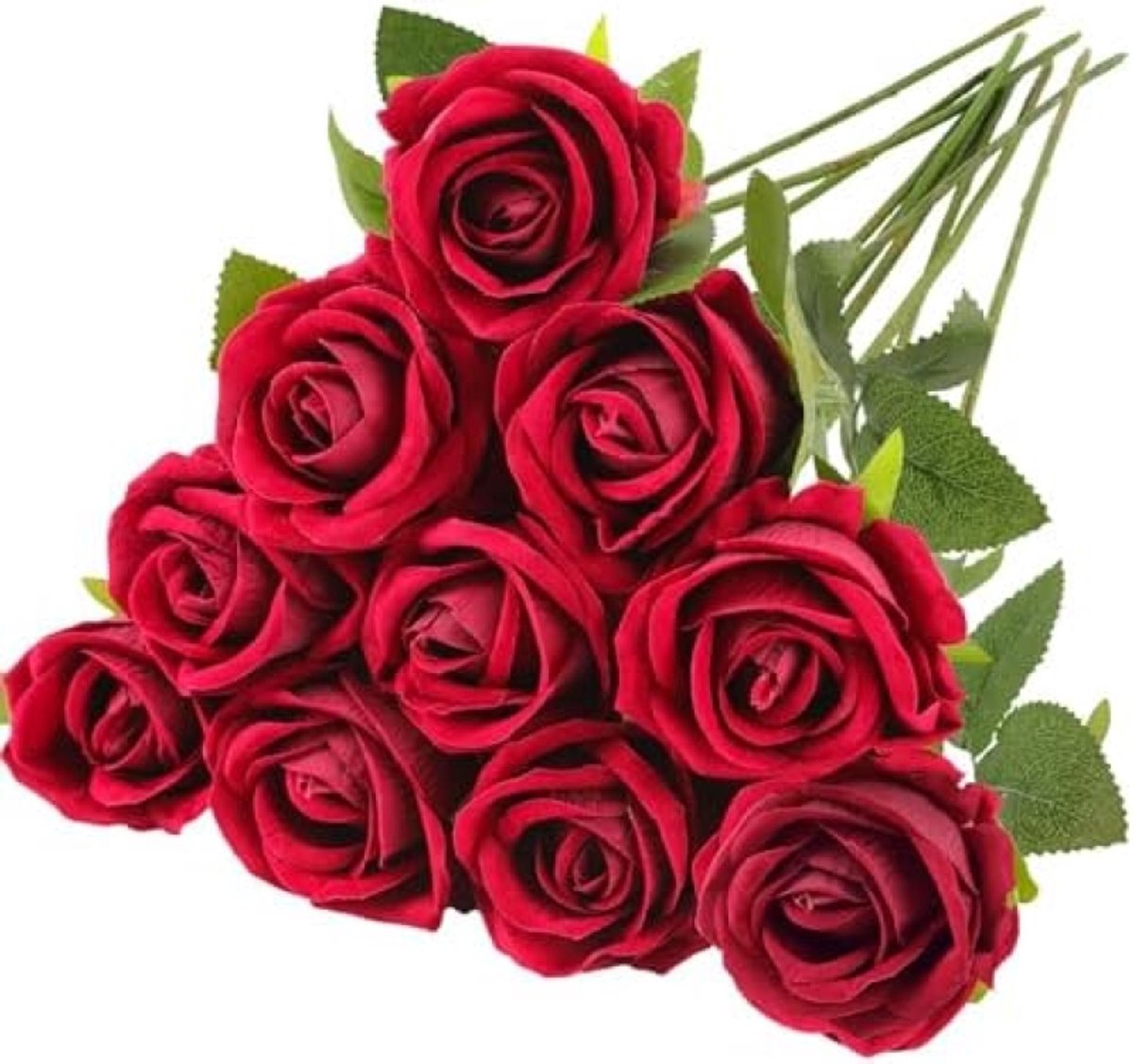PromoHome Kunstrozen Set van 10 Stuks - Realistische Zijden Bloemen met Lange Stelen - Donkerrode Kunstbloemen voor Bruidsboeket, Huisdecoratie, Feesten en Evenementen - 51 cm Hoogte Rood