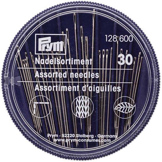 Prym assortiment naalden in een ronde blauwe plastic doos met 30 stuks.