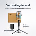 Selfiestick met telefoon, afstandsbediening en doos. '3-in-1 selfie stick'.