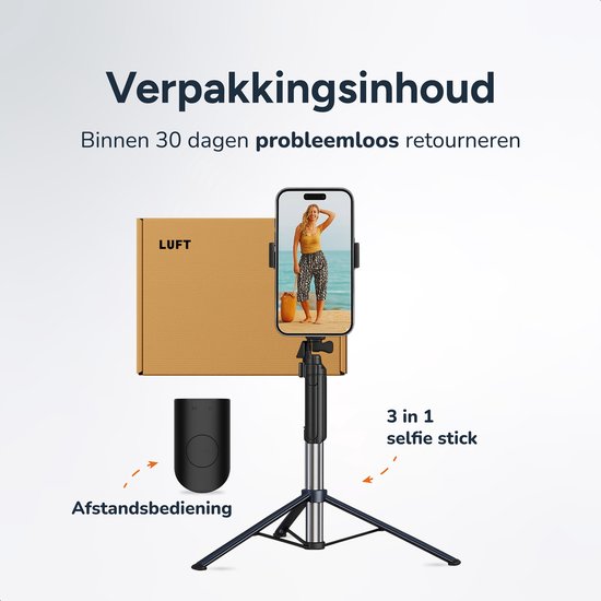 Selfiestick met telefoon, afstandsbediening en doos. '3-in-1 selfie stick'.