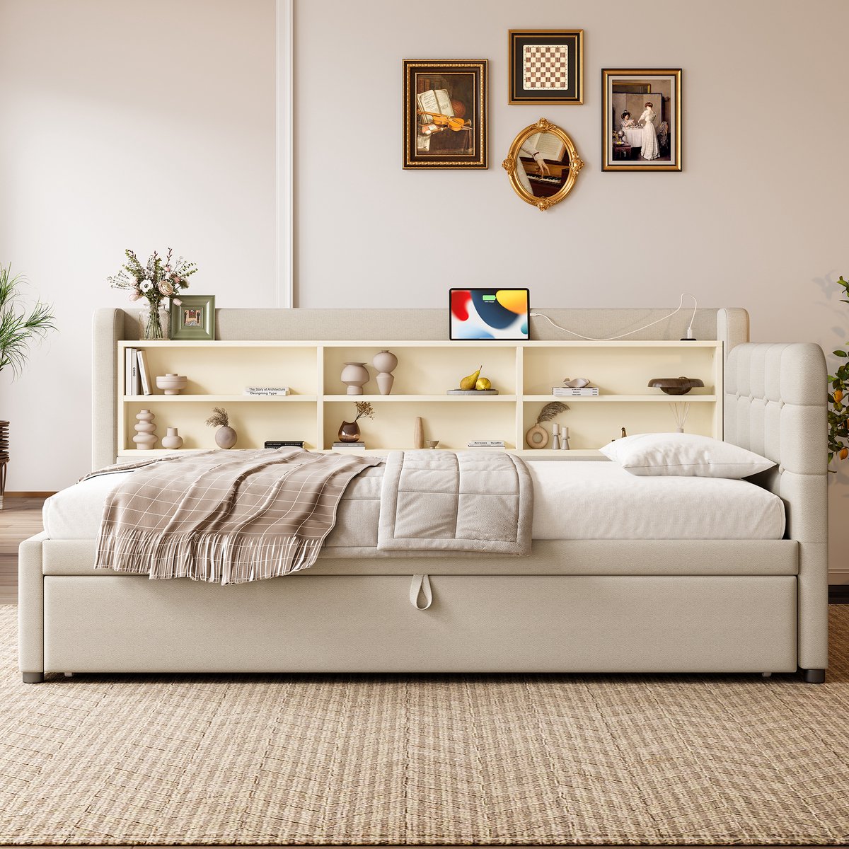 Merax Slaapbank 90x200cm (180 x 200 cm) - uitschuifbaar bed - USB Type-C - meerdere planken zonder matras - beige