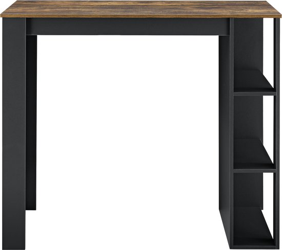 Zwarte bartafel met houtkleurig tafelblad en drie ingebouwde planken aan de rechterkant.