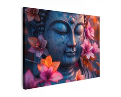 Tuinschilderij voor buiten 100x70 cm - Tuindecoratie Boeddha - Portret - Bloemen - Buddha - Beeld - Tuinposter op canvas - Tuin muurdecoratie - Buitenschilderij decoratie - Schutting wanddecoratie - Buitencanvas