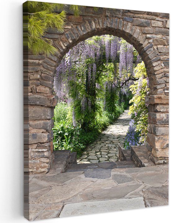Tuinschilderij voor buiten 70x100 cm - Tuindecoratie Bos - Doorkijk - Stenen - Pad - Tuinposter op canvas - Tuin muurdecoratie - Buitenschilderij decoratie - Schutting wanddecoratie - Buitencanvas