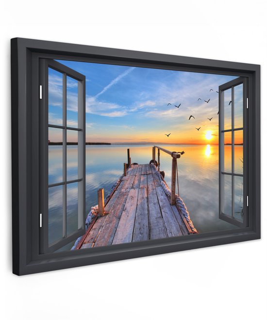 Tableau jardin extérieur 120x80 cm - Décoration de jardin Vue - Échafaudage - Lac - Coucher de soleil - Vogels - Poster jardin sur toile - Décoration murale Jardin - Décoration tableau extérieur - Décoration murale clôture - Toile extérieur