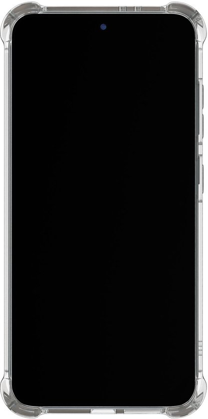 Transparante, schokbestendige hoes voor Samsung Galaxy S25 FE, met zwarte voorkant.