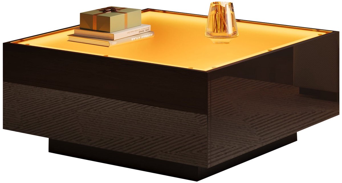 Merax Salontafel 70x70x36 cm – Zwarte Glazen Tafel met LED-Verlichting – Modern Vierkant Koffietafel & Bijzettafel voor Kleine Woonkamers