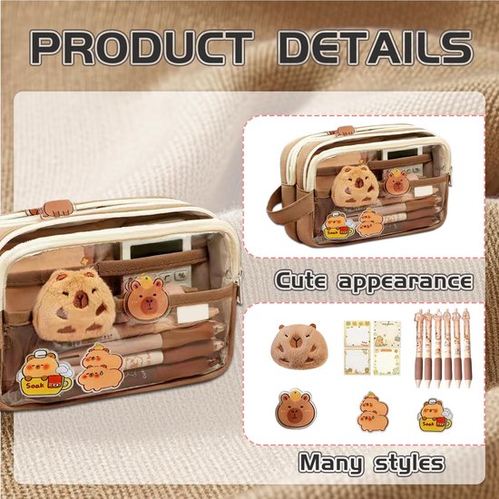 Namajunas - Trousse Capybara - Trousse pour Garçons et Filles - Étuis scolaires - Avec 6 Stylos Capybara et une peluche Capybara - 5 compartiments - Fournitures scolaires