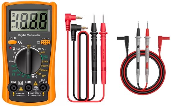 Digitale Multimeter - AC / DC - Transistor tester - Incl. 9V Batterij & meetsnoeren - Multi Meter - Geel/oranje