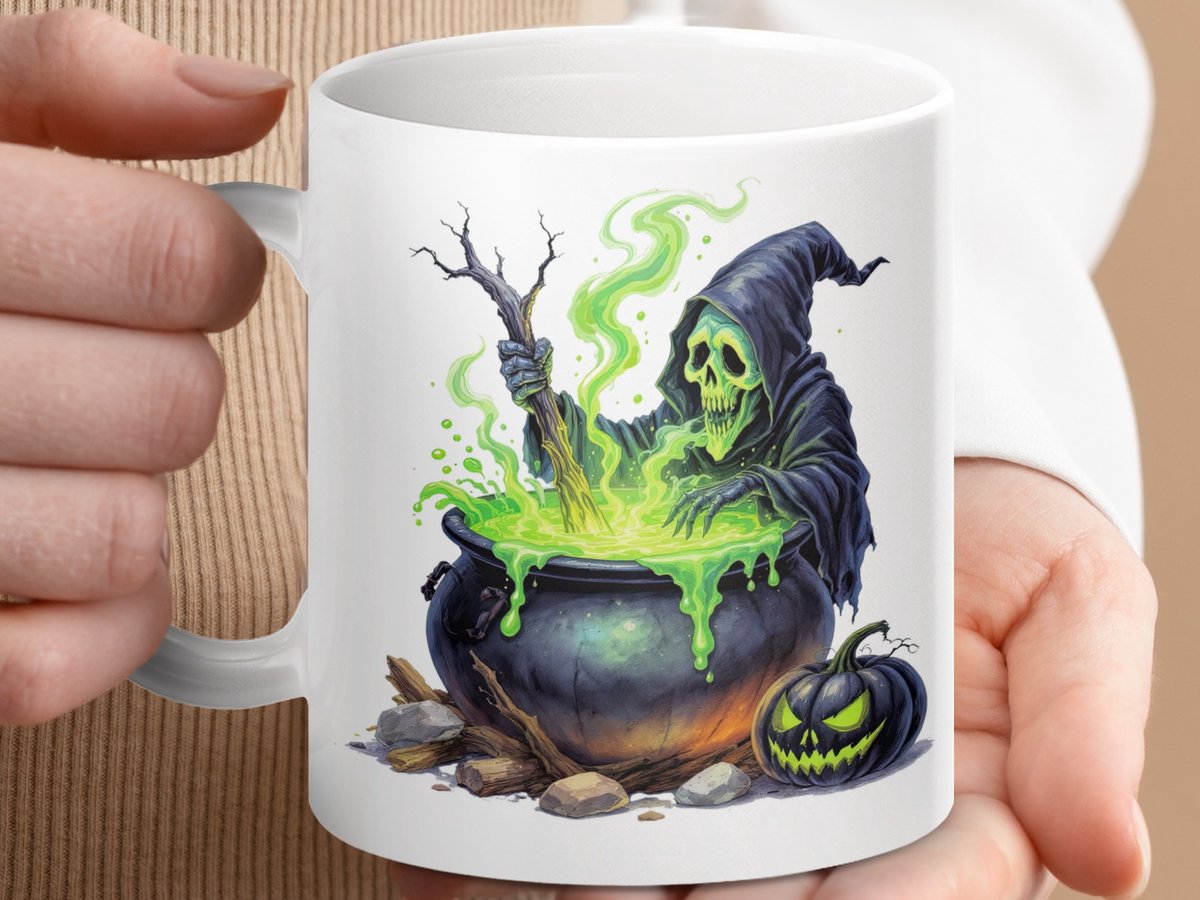 Mok, Halloween Grim Reaper Heks Ketel, Groene Griezelige Toverdrank, Pompoen, Herfst Decor