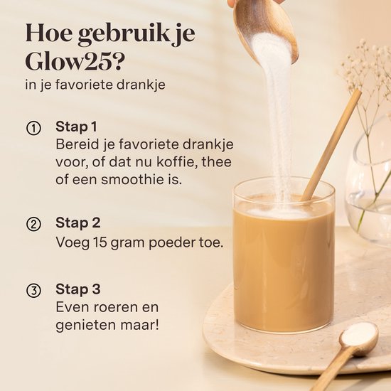 Illustratie van hoe Glow25 Collageenpoeder wordt toegevoegd aan een drankje.