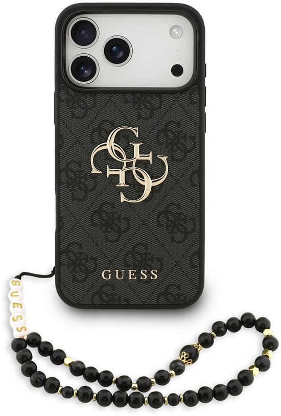 Coque de téléphone noire Guess avec motif logo G répétitif, logo double G doré et texte 'GUESS'. Inclut un cordon noir à perles avec lettres 'GUESS'.