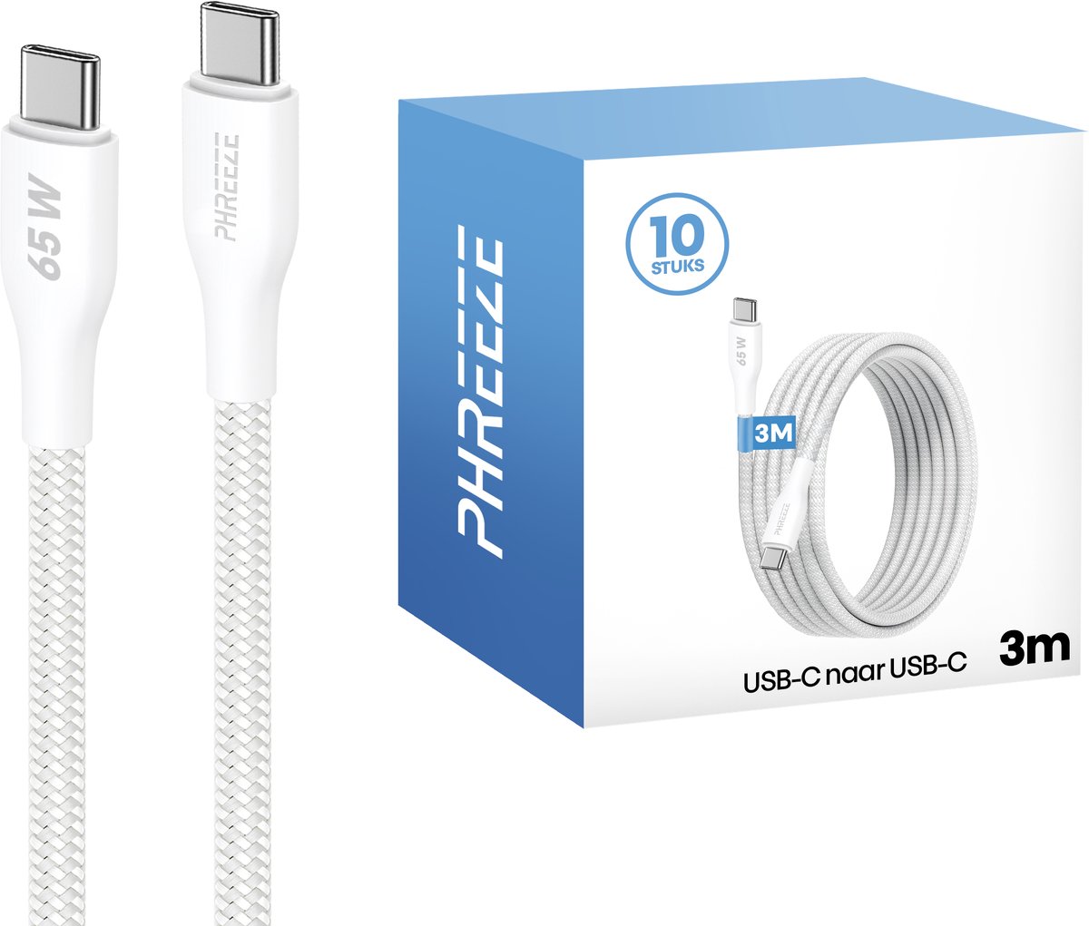 Voordeelpak usb C kabels - 65w - 3 meter - Ideaal voor bezorgers, kantoor & onderweg