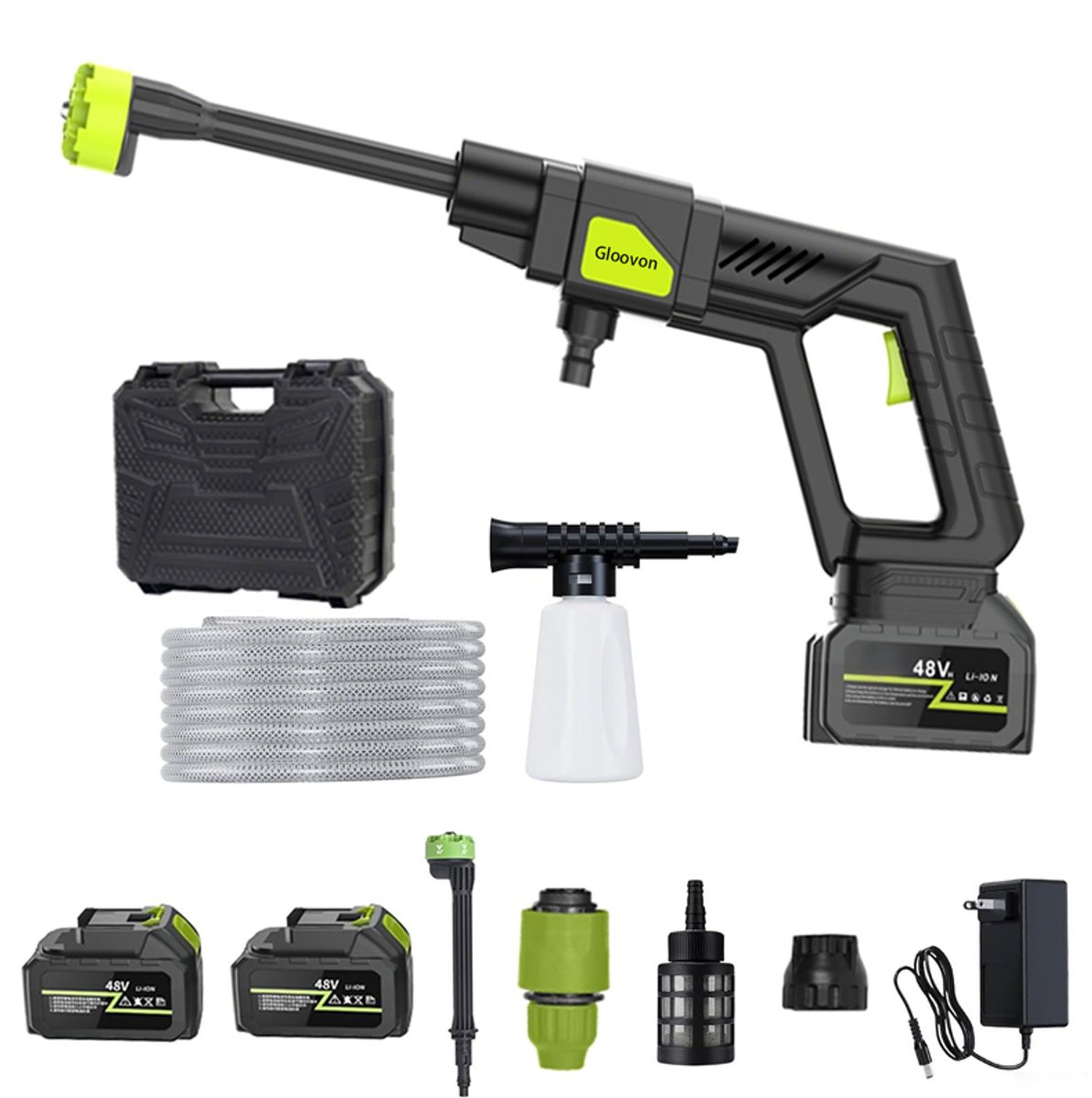 Gloovon® Draadloze Hogedrukreiniger - 30 Bar & 300W - Incl. 15000 mAh Accu & 6-in-1 Spuitkop - Complete Set met Koffer - Zwart