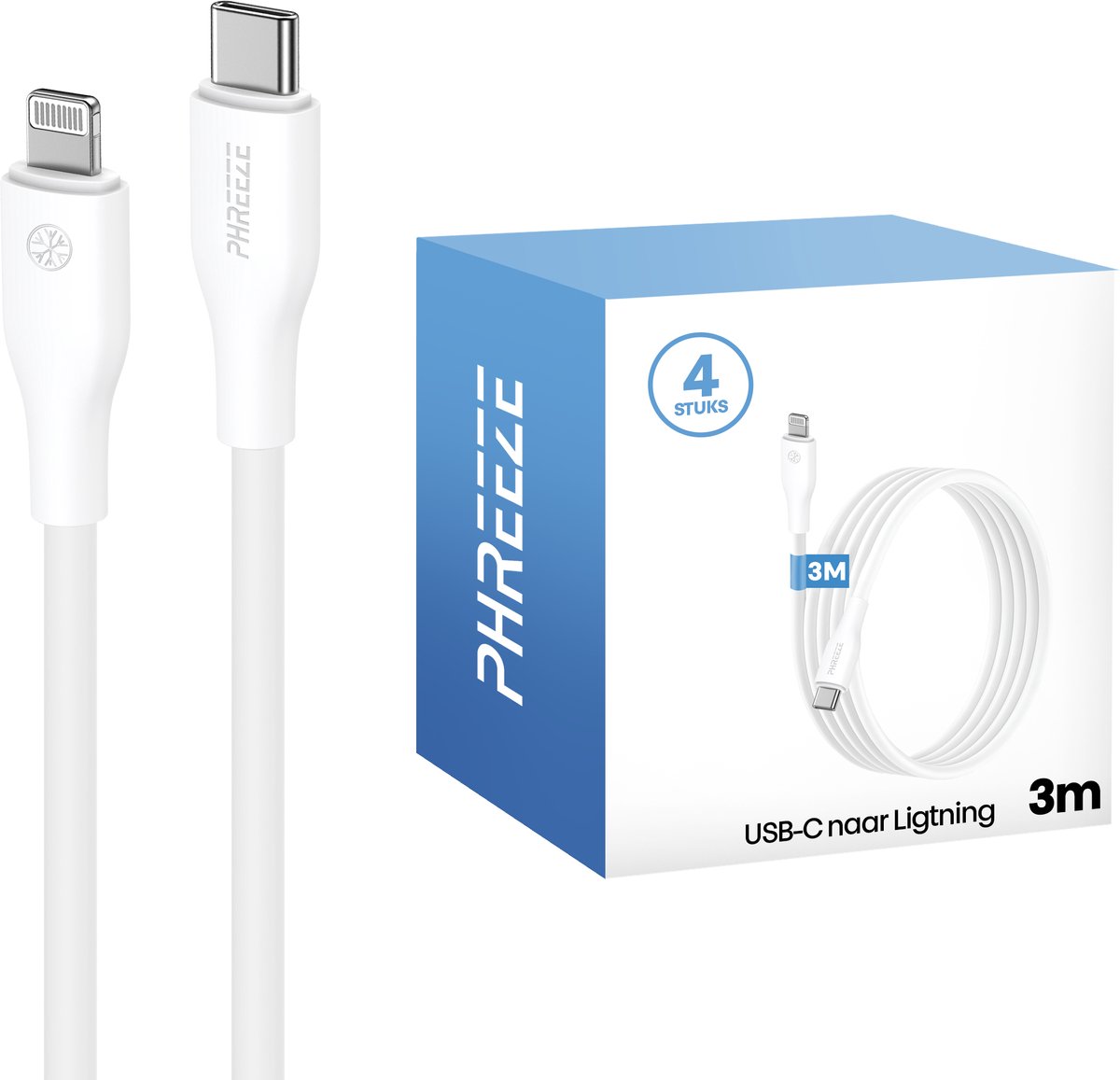 Oplaadkabel - Geschikt voor iPhone kabel 3 meter - 4 pack - Soepel - Stevig - Wit - Phreeze