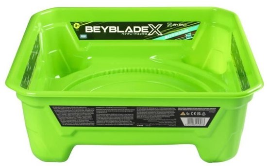 Groene Beyblade X Beystadium met 'Beyblade X' logo in wit en geel. Gemaakt van plastic.