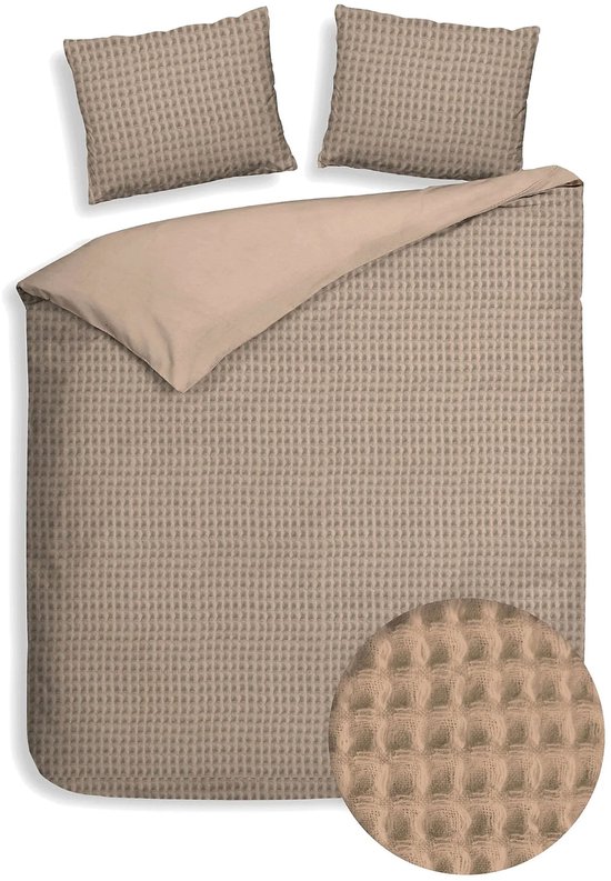 Housse de couette gaufrée – LitaLente Taupe – 100 % Katoen – Luxe et respirante – Comprend 2 Taies d'oreiller 60 x 70 cm – Qualité hôtelière – Infroissable et résistante – Convient aux Dekbed de 200 x 220 cm