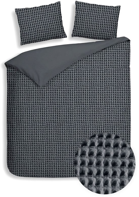 Housse de couette gaufrée – LitaLente Anthracite – 100 % Katoen – Luxe et respirante – Comprend 2 Taies d'oreiller 60 x 70 cm – Qualité hôtelière – Infroissable et résistante – Convient aux Dekbed de 260 x 220 cm