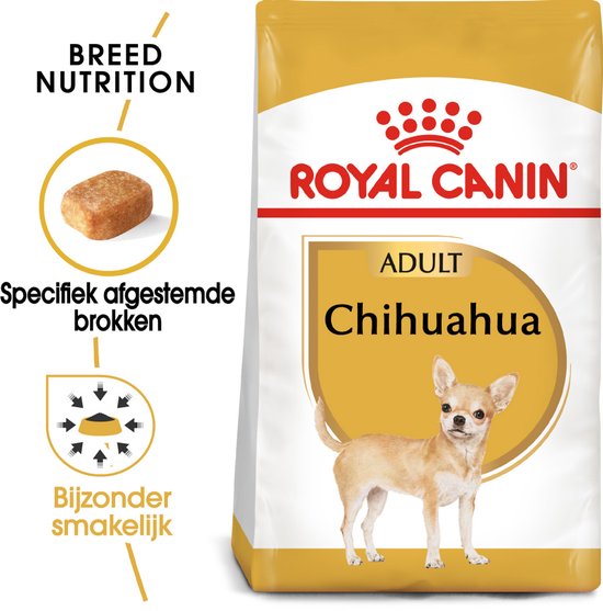 Royal Canin Chihuahua Adult hondenvoerzak met afbeelding van een chihuahua en uitleg over brokken.