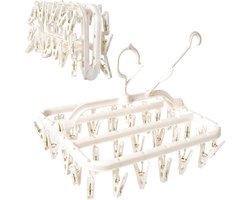 Opvouwbaar droogrek met 32 droogklemmen, winddichte haken, ondergoedhanger, kunststof wasklemmen voor sokken en bh's (wit)