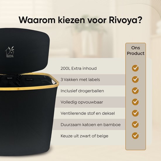 Panier à linge Premium 3 compartiments XXL - 200 L - Trieur de linge - Panier à linge avec couvercle - Avec 3 sacs amovibles - Zwart - Boutons - Boules de séchage incluses