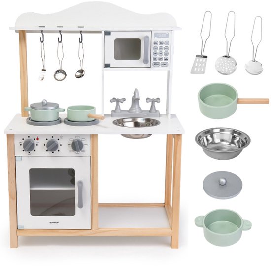 Foto: Mamabrum montessori houten keuken voor kinderen 3 jaar magnetron oven gootsteen en accessoires inbegrepen robuust veilig leerzaam natuurlijke kleuren duurzaam creatief spel