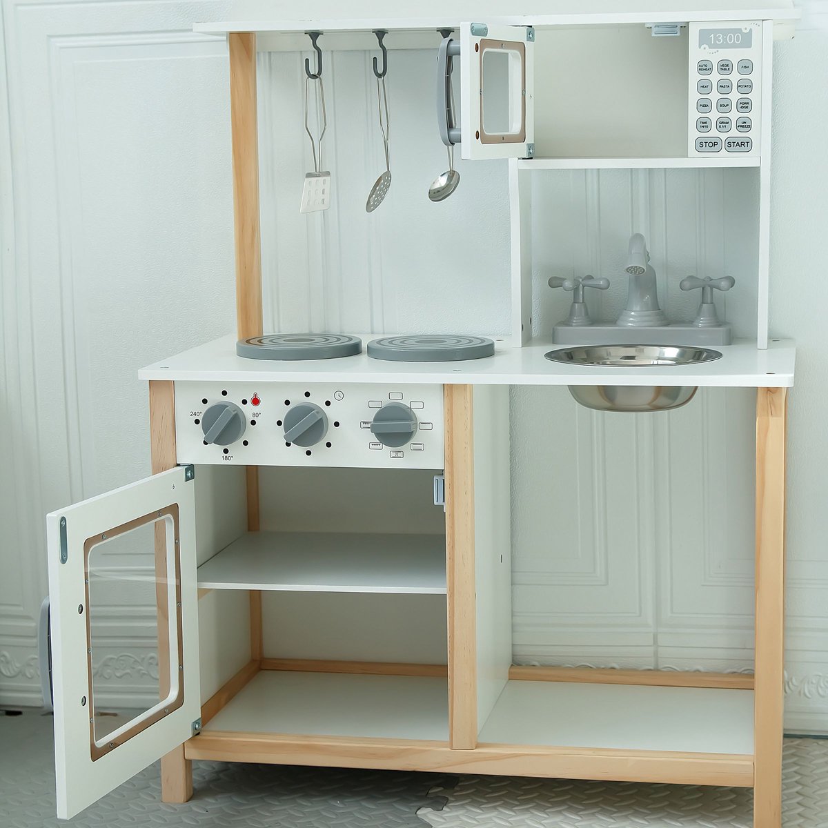 Mamabrum Montessori Houten keuken voor kinderen, 3 jaar – magnetron, oven, gootsteen en accessoires inbegrepen – robuust, veilig, leerzaam, natuurlijke kleuren, duurzaam creatief spel — afbeelding 10