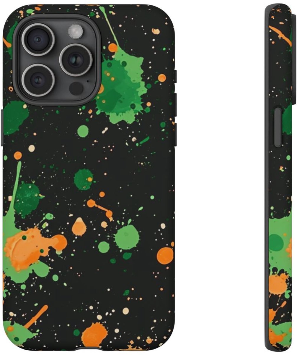 Groene en Oranje Verfspattenpatroon – Telefoonhoesje Geschikt voor iPhone 15 Pro Max