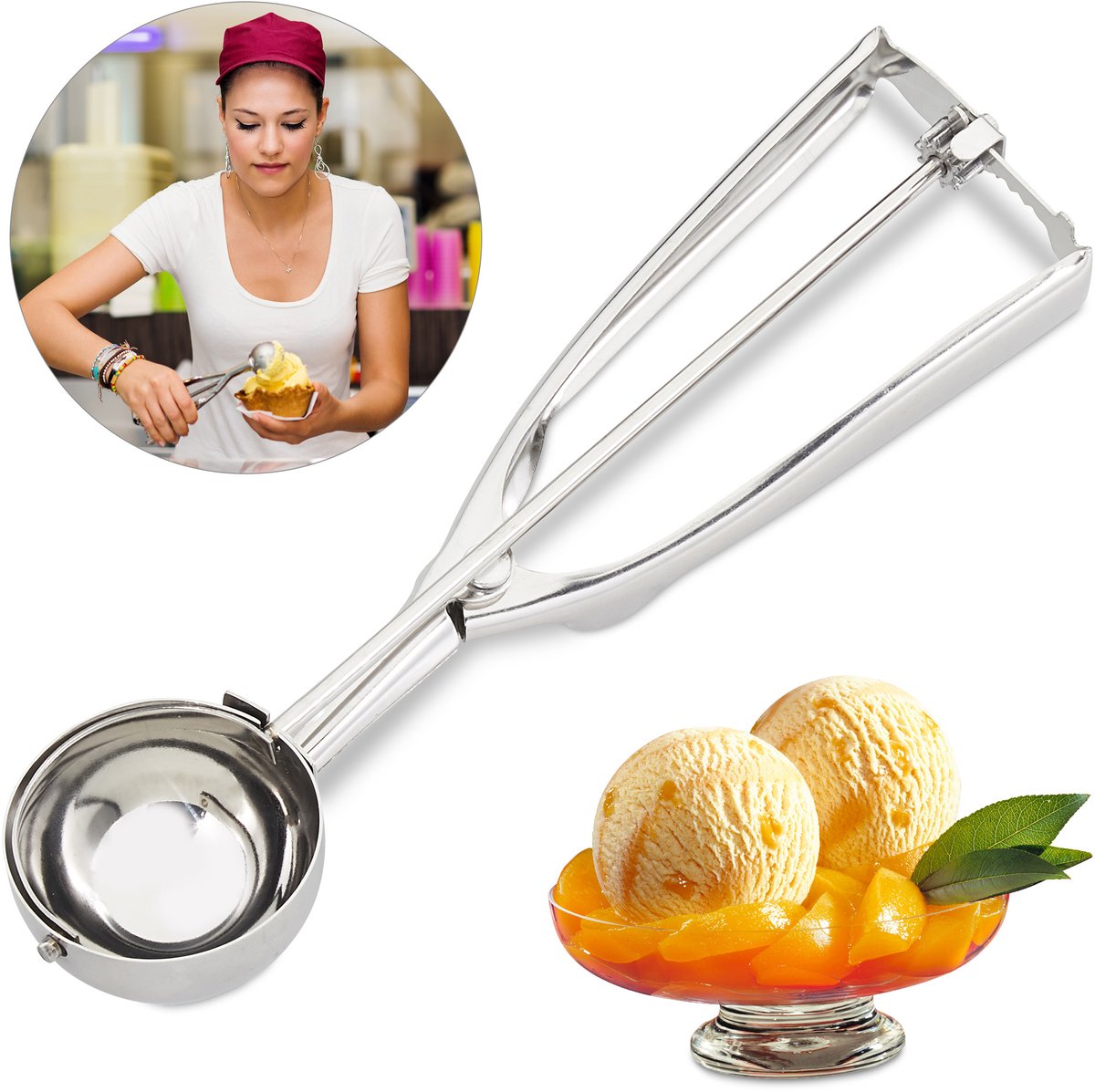 4x ijslepel rvs - ijsbolschep professioneel - 53 mm - fruit - deeg - zilver