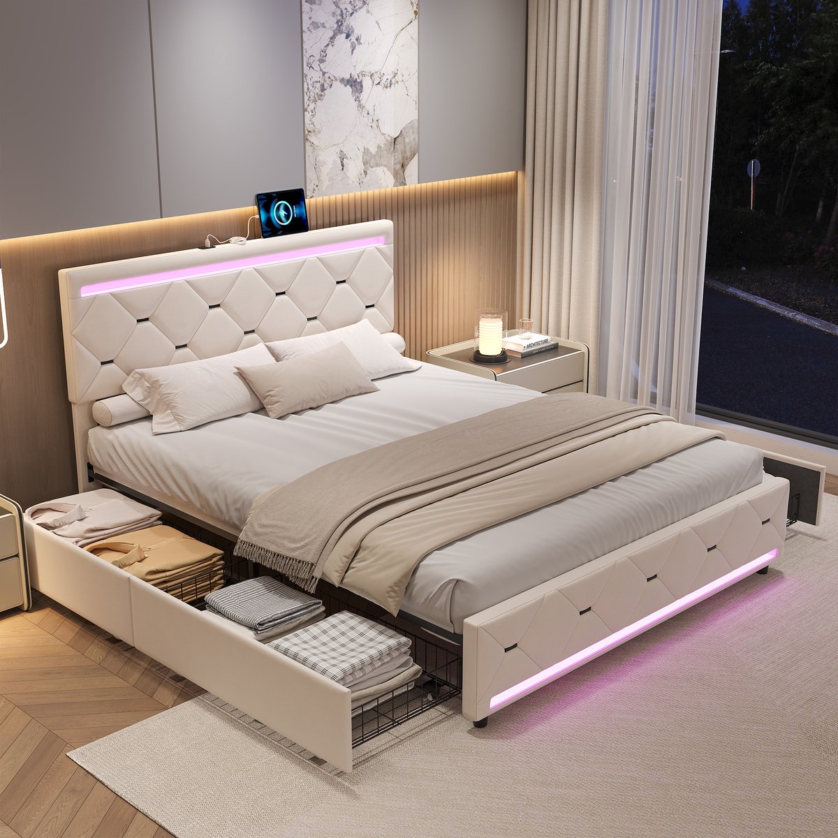 Tweepersoonsbed 160x200cm – Beige Fluwelen Bed met 4 Laden, LED Lichtstrip & USB Oplaadpunt