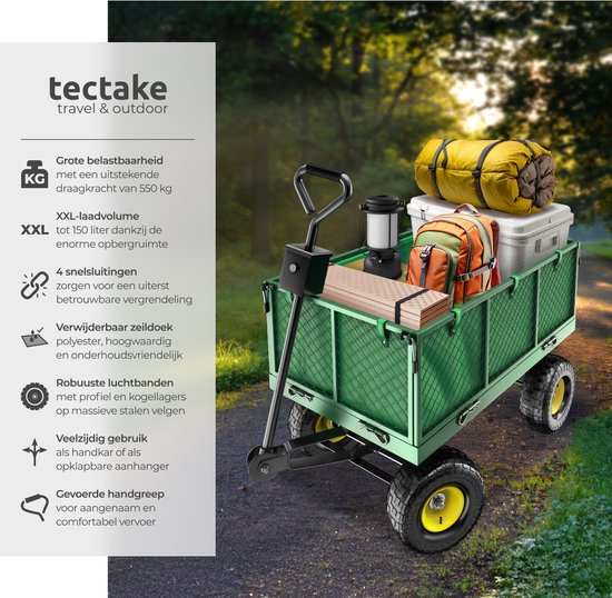 tectake® XXL Bolderkar met Luchtbanden - Tuinkar - Transportwagen - Handkar met 550 kg Capaciteit - Incl. Dekzeil, Afneembaar Handvat en Scharnierende Zijpanelen van TecTake — afbeelding 2