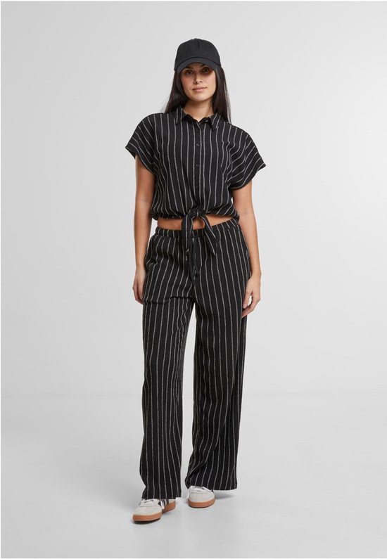 Urban Classics - Chemisier structuré à rayures et nœuds - M - Zwart/Blanc cassé